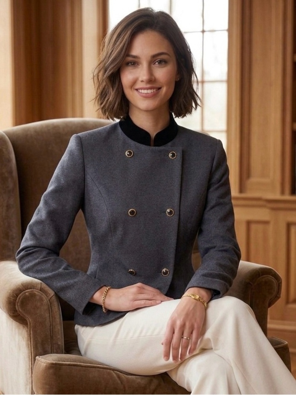 Charter Club Double-Breasted Gray Blazer with Contrast Collar